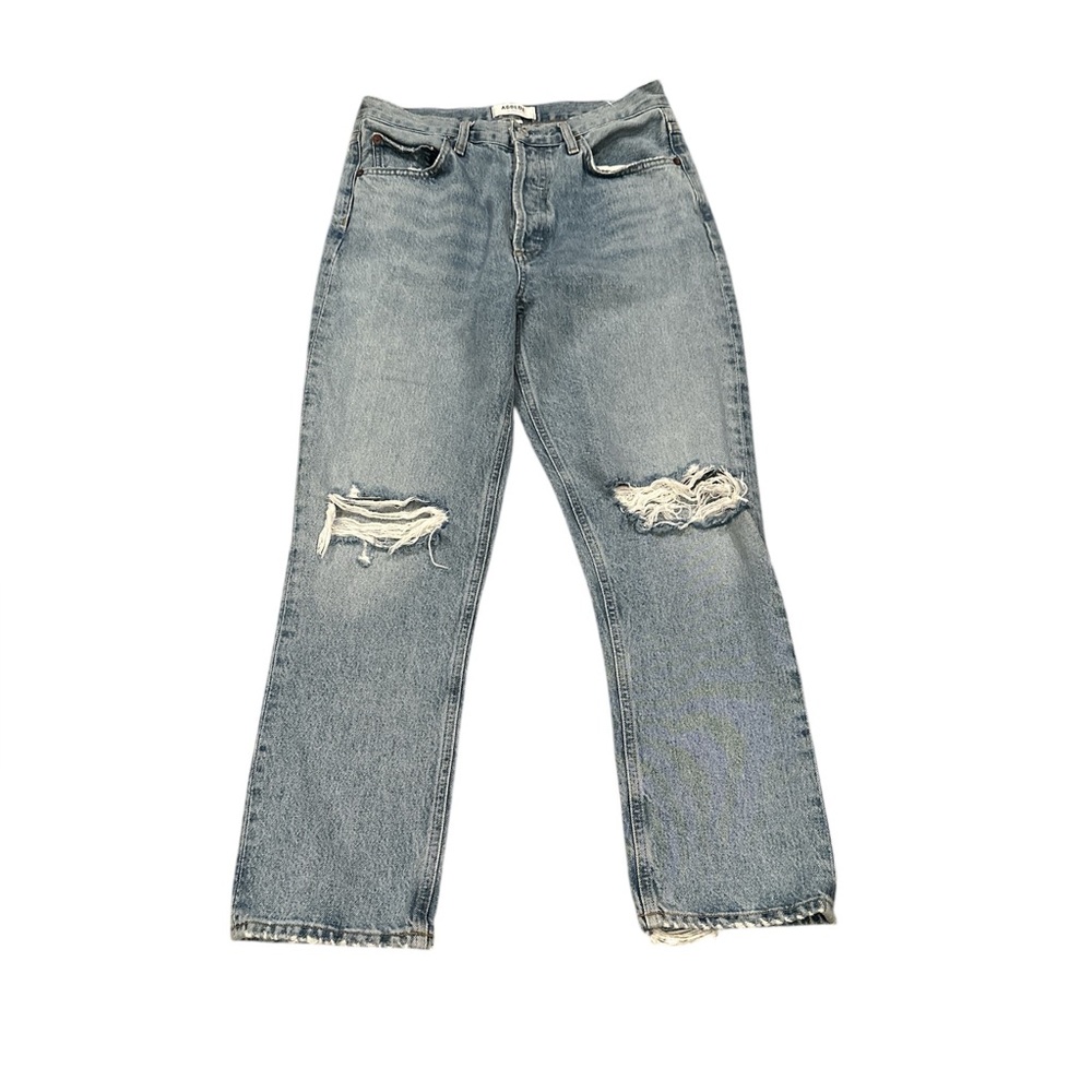 Agolde Riley High Rise Light Blue Denim Straight Crop Button Fly Jeans Size 27 - Picture 5 of 14